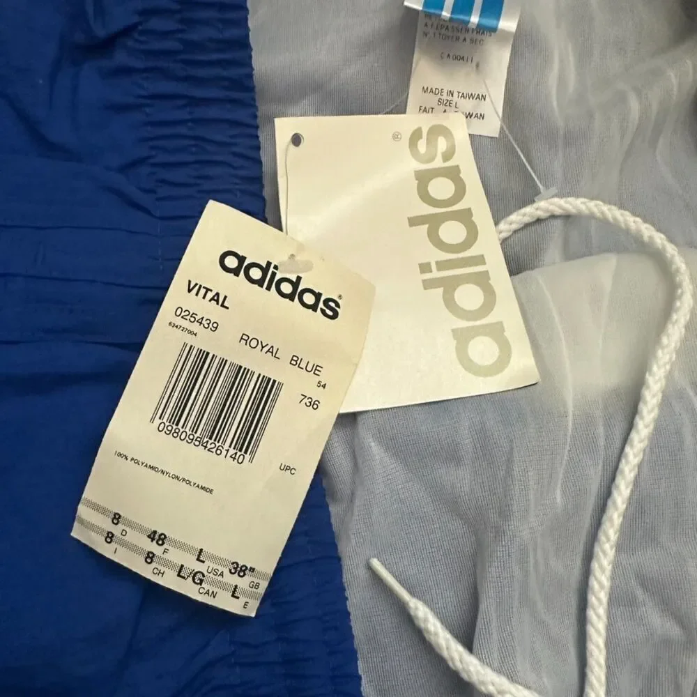 Vintage 90's Adidas Nylon Shorts Men's L Royal Blue‎ Lined Logo Deadstock Casual
